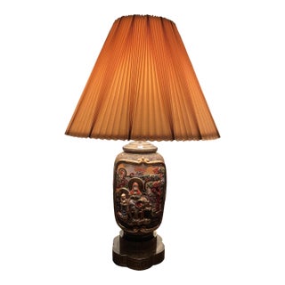 Vintage 31" Japanese Satsuma Moriage Table Lamp With Pleated Shade For Sale