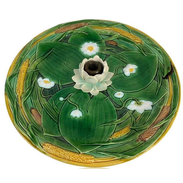 Minton Majolica Centerpiece Tray 15-In, Lotus Flower on Green Ground, Dated 1863 For Sale - Image 9 of 9