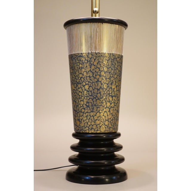 Marbo Lamp Company 1950s Marbro Atomic Modern Charleton Hand Painted Art Glass Brass Wood Table Lamp One-of-a-Kind Sublime Condition For Sale - Image 4 of 12