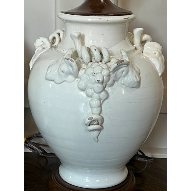 Metal Pair Vintage French Ceramic Cream Glazed Vine Grape Theme Lamps For Sale - Image 7 of 13