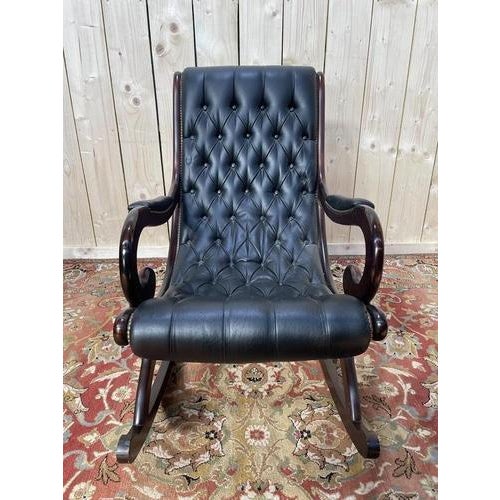Wood Black Leather Chesterfield Rocking Chair For Sale - Image 7 of 7