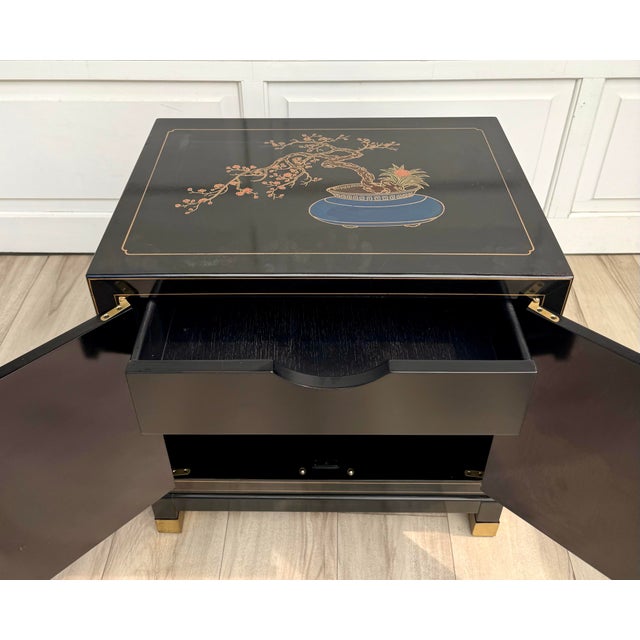 Vintage Chinoiserie Black Lacquer Nightstand Cabinet With Carved Stone Figures For Sale - Image 4 of 13