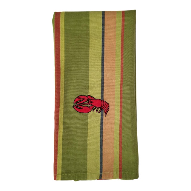 Crate & Barrel Hand Embroidered Cotton Striped Lobster Tea Towel For Sale