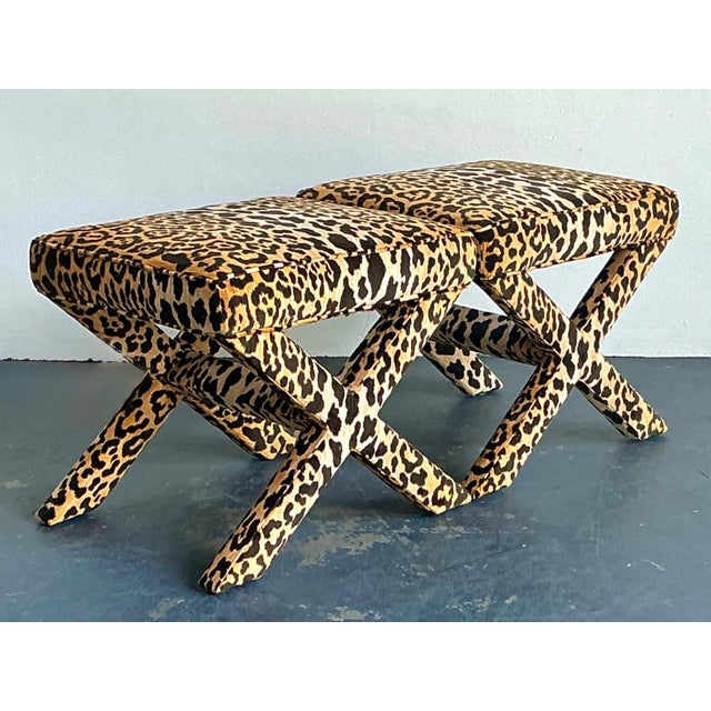 Vintage Leopard Velvet X-Base Stools - A Pair For Sale - Image 4 of 17