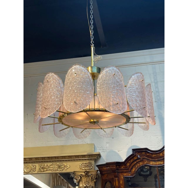 Metal Modern Pink Murano Glass and Brass Chandelier For Sale - Image 7 of 7