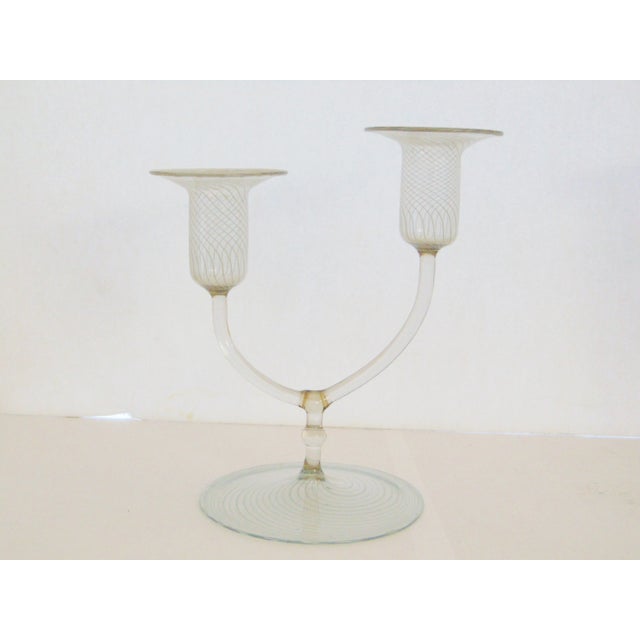 Dual stem, clear etched glass candlestick pair