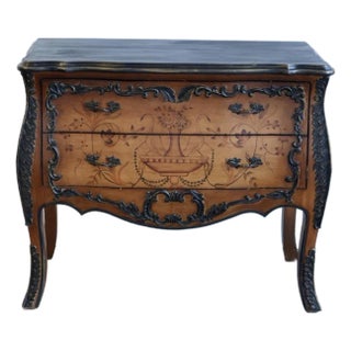 Hand Painted Vintage Wooden Bombe of Drawers - Ornate Floral Design Chest, Circa 1970s, Wood Bombay For Sale