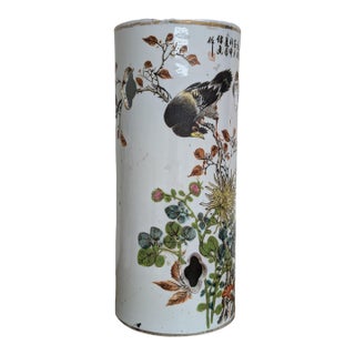 Antique Chinese Qianjiang Cai Floral and Bird Hatstand Porcelain Vase With Mark For Sale
