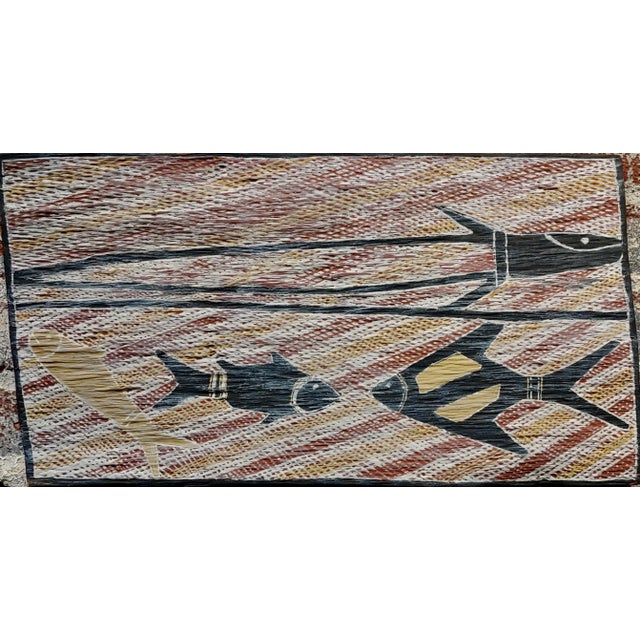 Djakandarra -Barracuda Fish -1960s Australian Aboriginal Painting no frame pigment size 20 x 11" Natural earth pigment...