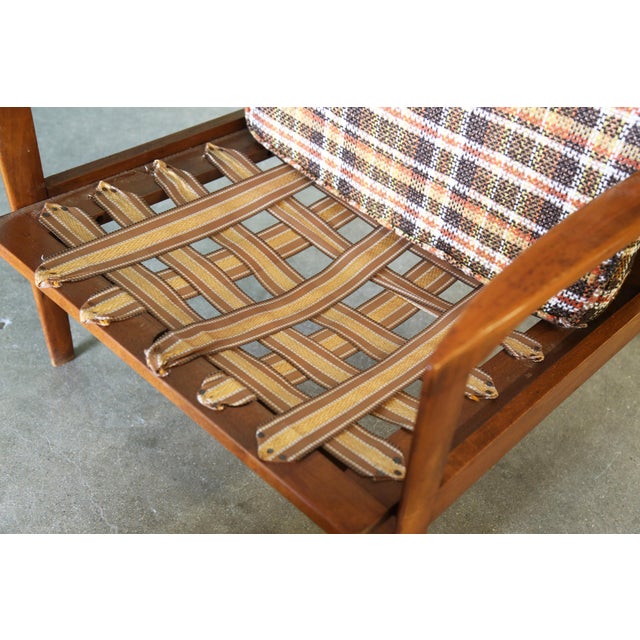 Wood Vintage Plaid Lounge Chair Slat Wood Back For Sale - Image 7 of 9