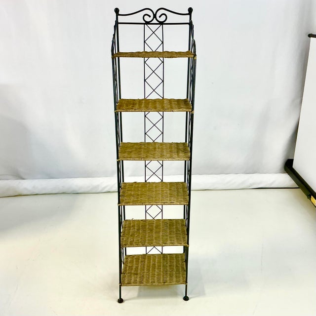 Mid 20th Century Mid-Century Boho Chic Arts & Crafts Metal and Wicker Slim Bookcase, 6 Tier For Sale - Image 5 of 18