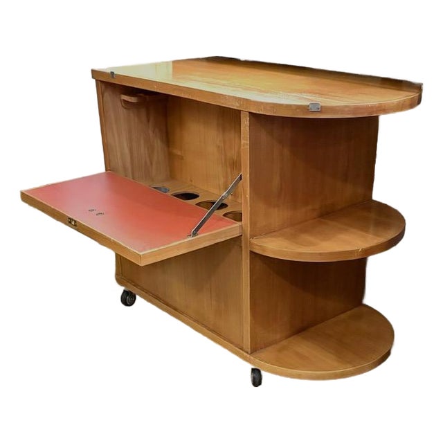 Mid Century Art Deco Rolling Bar Cart With Drop Front and Glass Bar Storage on the Reverse. For Sale