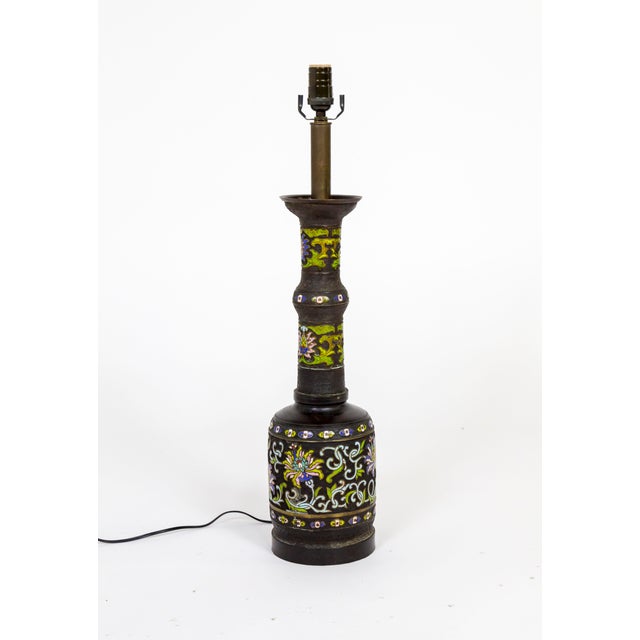 Tall Black Champleve Enamel Bronze Lamp With Polychrome Flower Design For Sale - Image 11 of 11