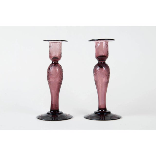 Amethyst Mid 20th Century Pairpoint Wheel-Cut Design Candle Holders- a Pair For Sale - Image 8 of 8