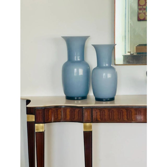 Baroque 1990s Fulvio Bianconi Limited Edition Pair of Venini Murano "Opalini" Vases in White and Dove Gray Glass. Original Label and Box For Sale - Image 3 of 7