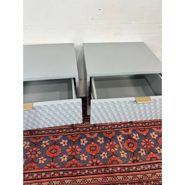 West Elm Pair of Modern Gray 2-Drawer Nightstands With Textured Front and Brass Accents For Sale - Image 4 of 10