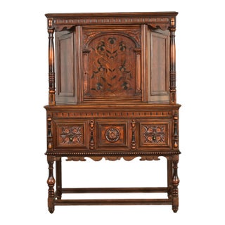 Berkey & Gay Antique English Tudor Carved Walnut and Burl Wood Bookcase or Bar Cabinet, Circa 1920s For Sale