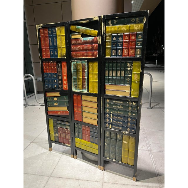Faux-Bookshelf 3 Panel Folding Screen Manner of Maitland-Smith For Sale In Denver - Image 6 of 13