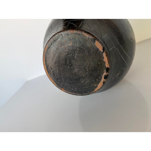 Vintage Organic Primitive Style Handcrafted Black Pottery Vase With Incised Tribal Motifs For Sale - Image 10 of 12