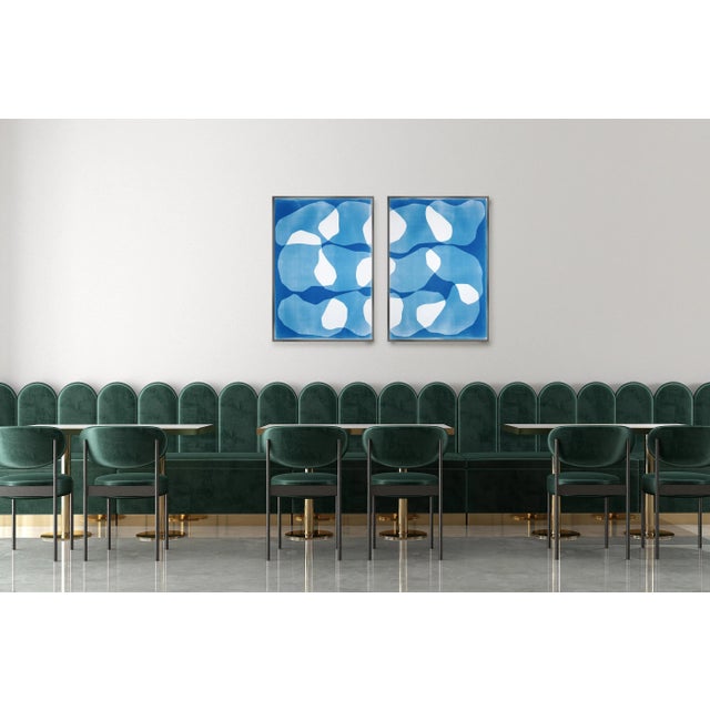 2025, Zig Zag Ovals Diptych, Unique Monotype Cyanotype, Biomorphic Art, Watercolor Paper by Kind of Cyan-Set of 2 For Sale - Image 4 of 9