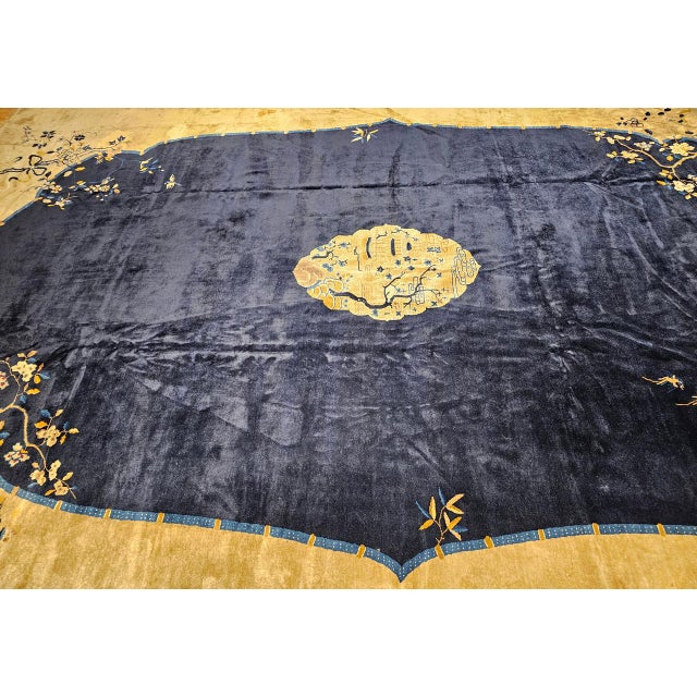 Blue Antique Art Deco Chinese Oversized Rug, Handwoven Wool, Cranes & Butterflies Design, Navy & Tan, 14' X 19' For Sale - Image 8 of 17