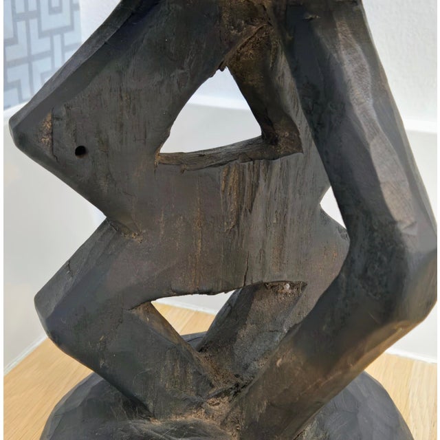 Vintage Tonga Hand Carved Wood Stool – Brutalist Sculptural Side / Plant Table, 14" For Sale In Dallas - Image 6 of 9