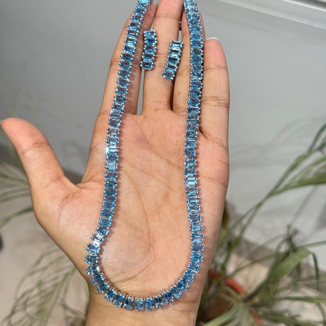52.42 Ct Certified Natural Blue Topaz Tennis Necklace & Drop Earrings Set, 3 Pieces For Sale - Image 12 of 17