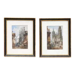 Framed Watercolors Depicting Gothic Churches by Théodore Henri Mansson - A Pair