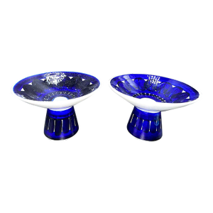 Pair of Ulla Procopé Hand Painted Cobalt Blue Candle Holders, Made 1950’s for Arabia Pottery, Finland Arabia