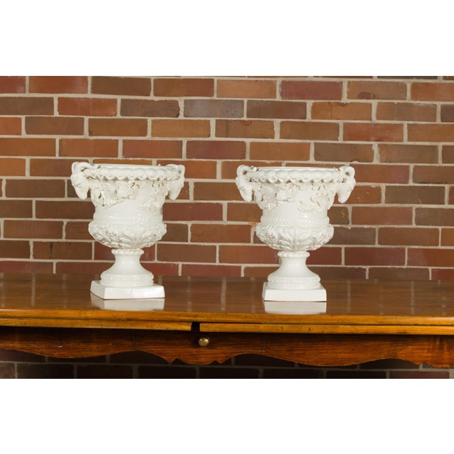 Pair of Blanc de Chine Midcentury Urns with Rams Heads and Ivy Leaves For Sale In Atlanta - Image 6 of 12