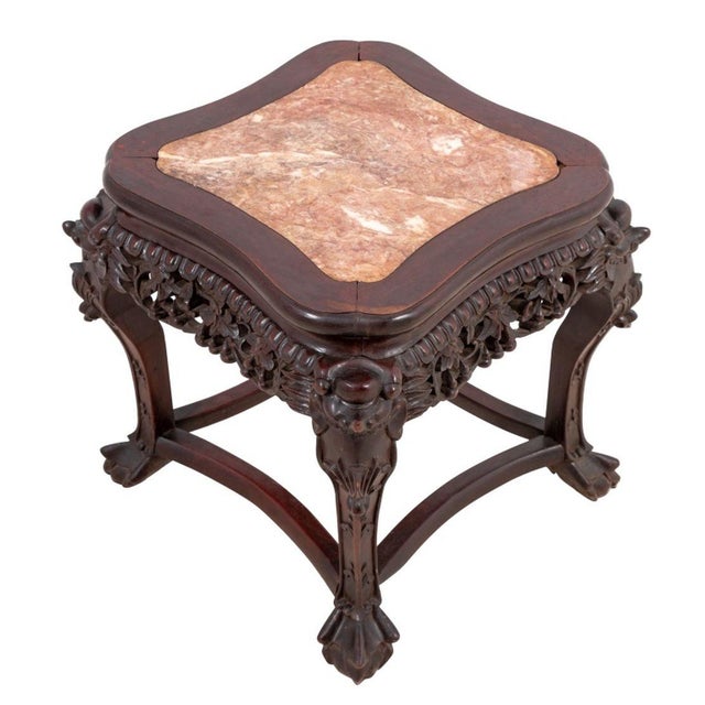 Chinese Carved Hardwood and Marble Low Pedestal Table, late 19th century, the lobed square top on claw and ball feet,...