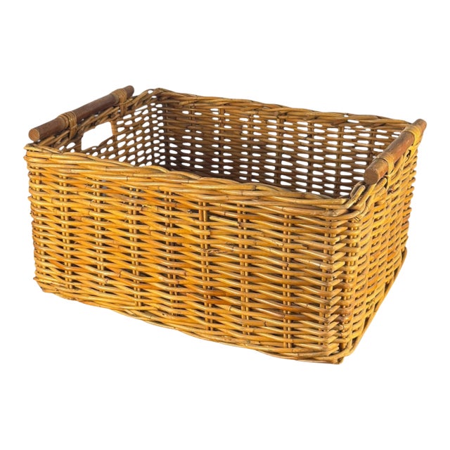 Vintage English Wicker Storage Basket With Wooden Handles For Sale