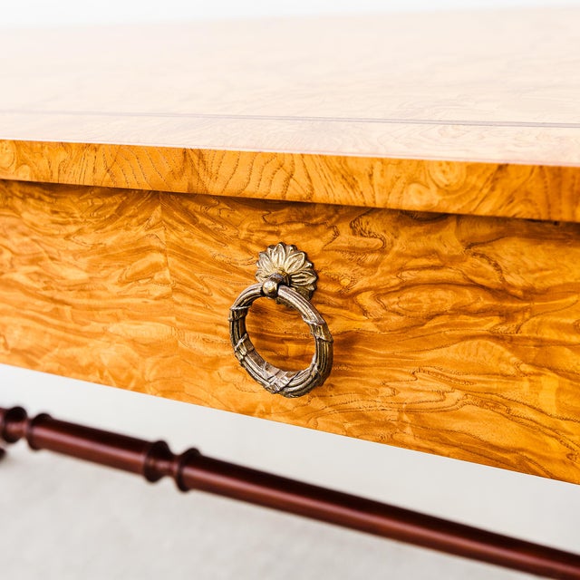 Goldenrod Restored Burl & Brass Vintage Regency Writing Desk by Baker For Sale - Image 8 of 15