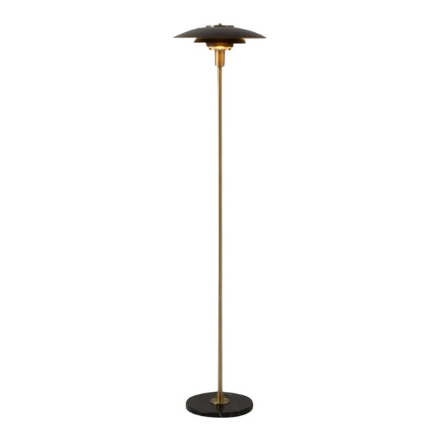 Rancho Mirage Floor Lamp - Matte Black & Gold-Leaf Shade, Weathered Brass, Black Marble Base, Dimmer For Sale