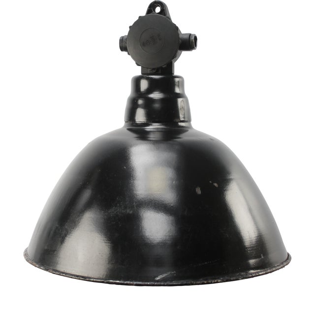 Vintage German Industrial Pendant Light in Black Enamel and Bakelite For Sale