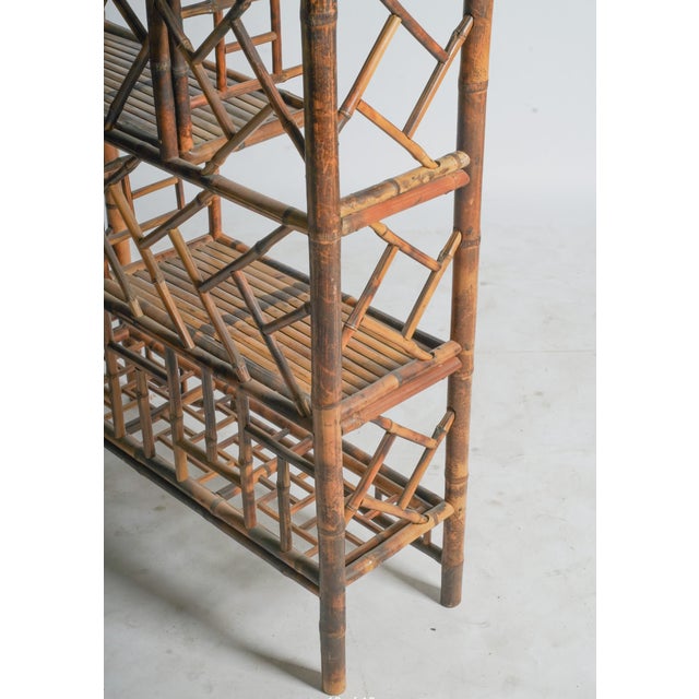 Brown Vintage Tortoiseshell Bamboo & Rattan Chippendale Etagere Bookcase For Sale - Image 8 of 8