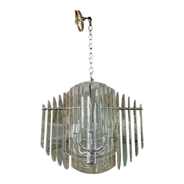 1980s Tiered Glass & Chrome Chandelier by Forecast Lighting Co. For Sale