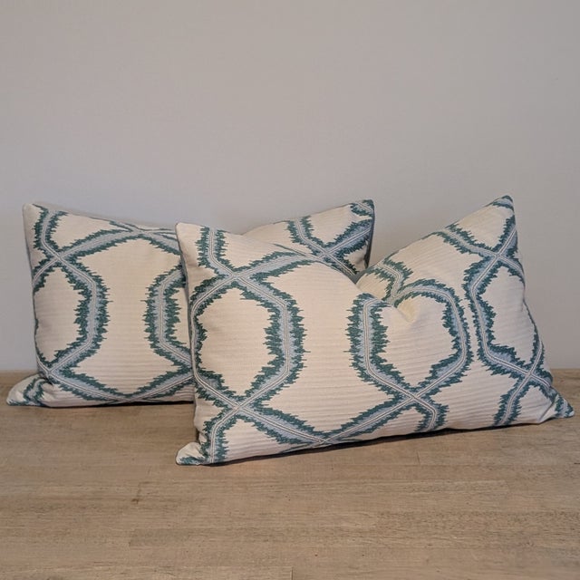 2020s Cowtan and Tout Trellice Lattice Embroidered Lumbars in Blue Teal For Sale - Image 5 of 6