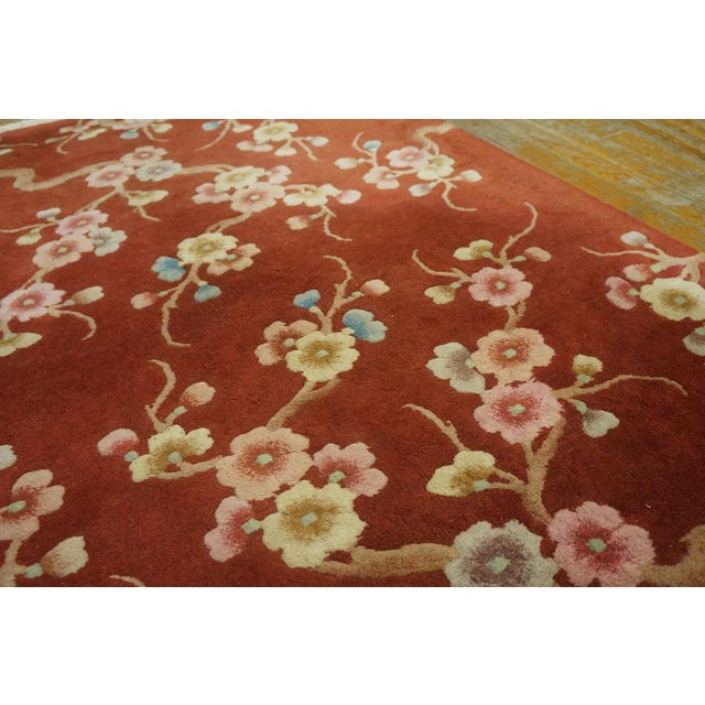 Luxurious Ruby Red Color With Lovely Floral Design Chinese Art Deco Rug For Sale - Image 9 of 10
