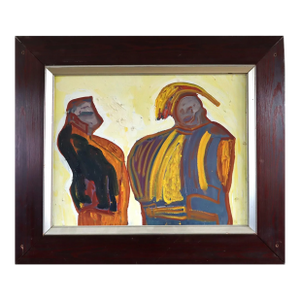 Mid-Century Modern 'The Exchange' Vintage Original Abstract Figurative Oil Painting, Framed