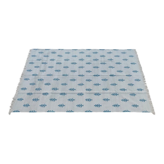 Handmade Pale Aqua and Teal Blue Cotton Tree Pattern Rug - 8x10 For Sale