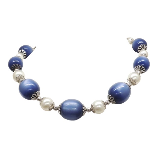 Vintage 1950s Signed Napier Rhodium Plated Blue Moonglow & Faux-Pearl Necklace For Sale
