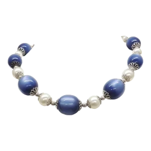 Vintage 1950s Signed Napier Rhodium Plated Blue Moonglow & Faux-Pearl Necklace