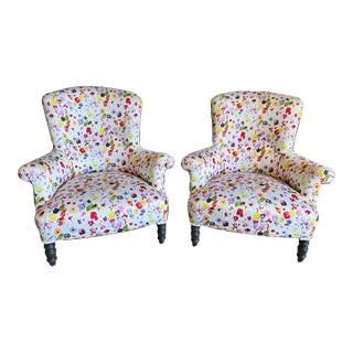 Pair of 19th Century French Napoleon III Armchairs in Vibrant Floral Upholstery For Sale