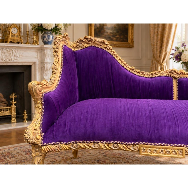 This distinctive late 20th-century French Louis XVI Revival corner settee combines elegant neoclassical carving with rich...