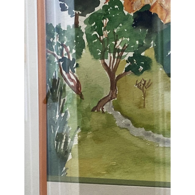 Charming framed watercolor painting Depicting a bucolic countryside landscape Likely a French work, but not certain as...