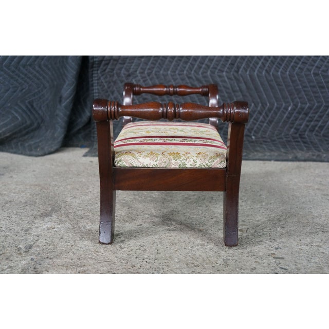 Antique 20th C. Regency Style Mahogany Footstool Striped Floral Brocade Seat For Sale - Image 9 of 15