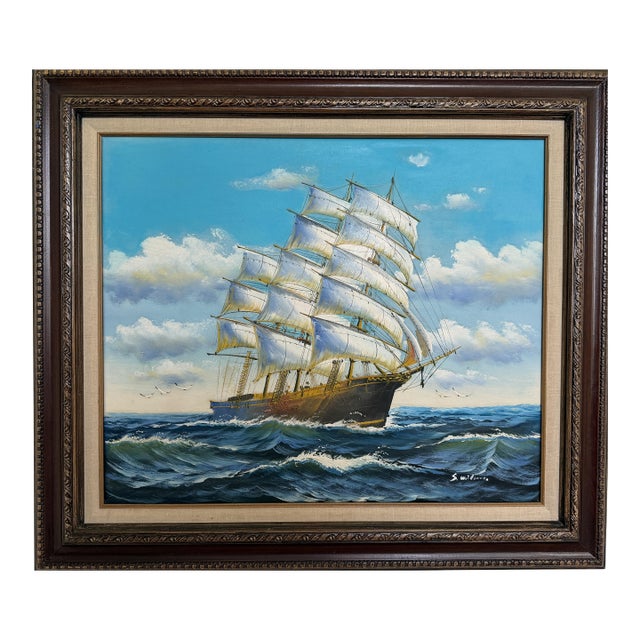 Original Signed Oil Painting Sailing Ship at Sea Maritime Seascape Framed For Sale