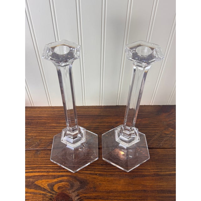 1980s Val Saint-Lambert Signed Belgian Crystal Candlesticks, Pair, 11" Tall, Late 20th Century For Sale - Image 5 of 8