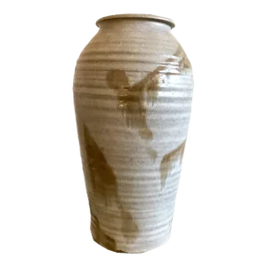 Signed Large Vintage 1960s-70s Mid-Century Modernist Ceramic Art Studio Pottery Stoneware Beige Vase Vessel